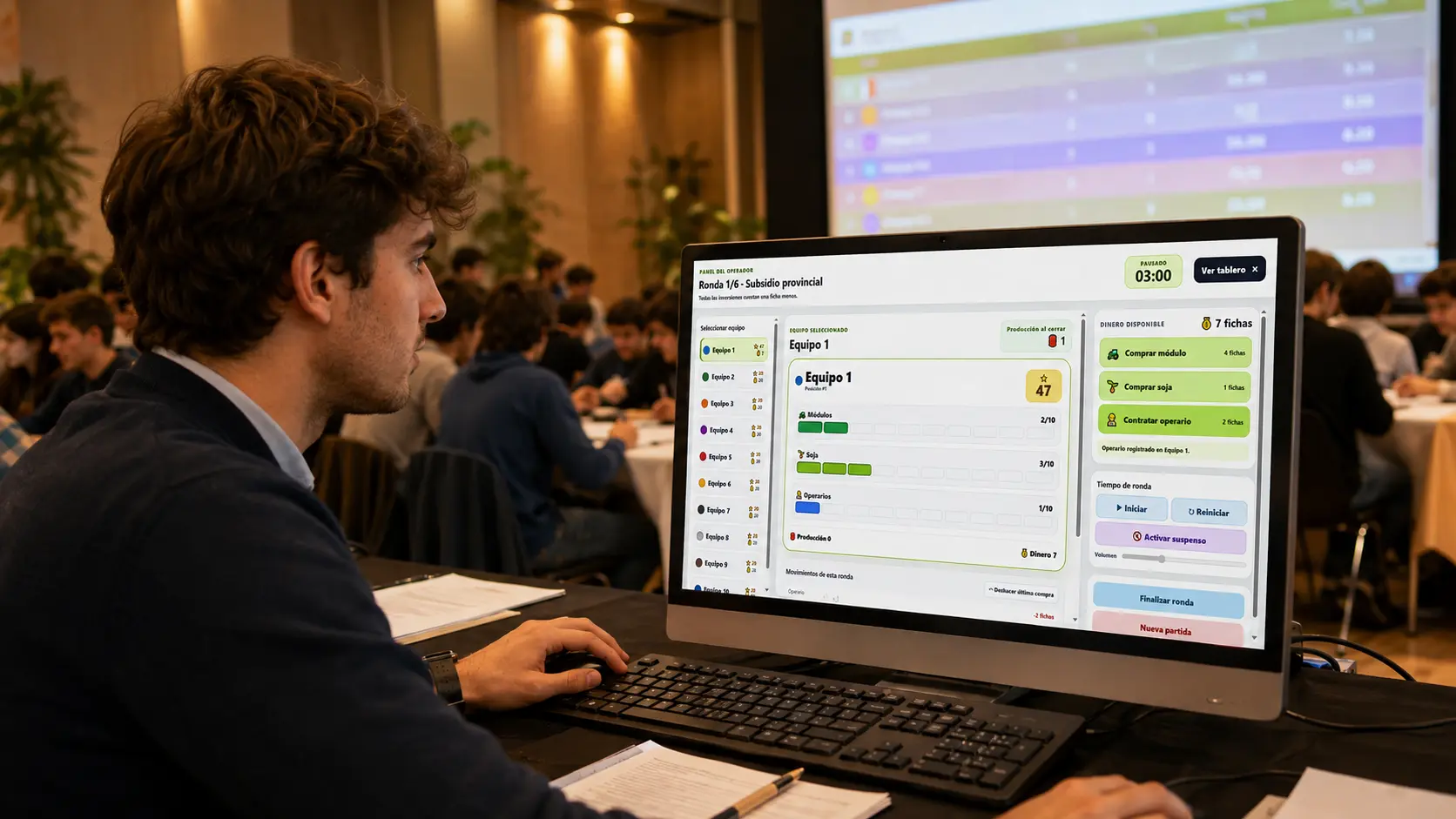 Facilitador utilizando el panel del operador durante una partida
